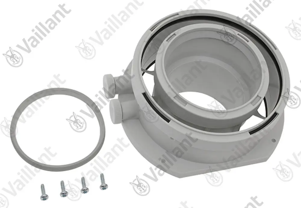 Vaillant Adapter mit zwei seitlichen Anschlüssen und einem runden Dichtungsring. Zubehörteile liegen in einem Anordnungs-Set bei, möglicherweise Schrauben.